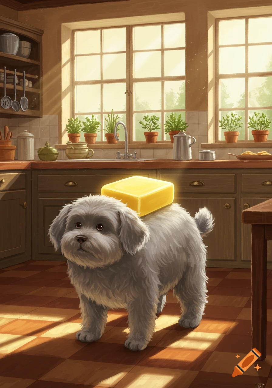 A fluffy grey dog with a stick of butter on its back stands in a sunlit kitchen, digital painting.