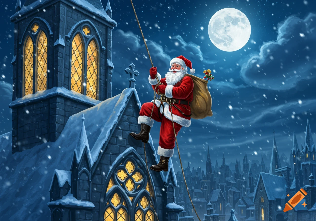 Santa Claus climbs a snowy church roof with a rope under a full moon, a winter cityscape in the background.
