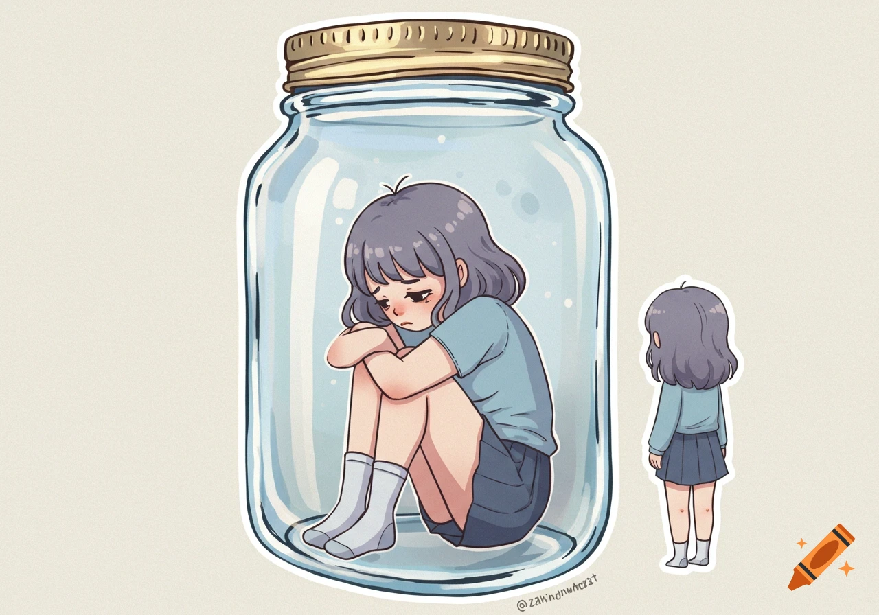 Cartoon sticker of a sad girl sitting inside a glass jar, with another girl standing outside, looking neutral.