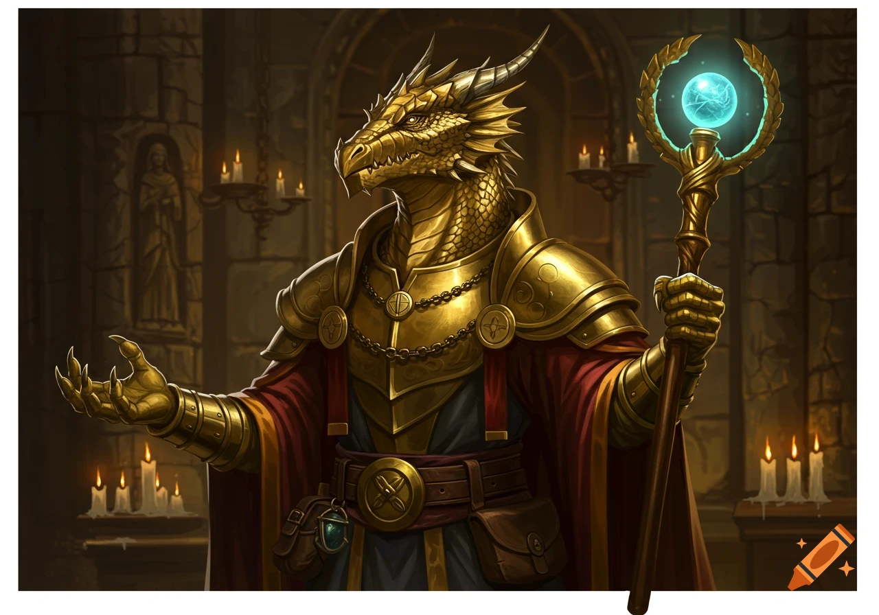 A gold dragon-like cleric in ornate golden armor and red robes holds a glowing staff in a candlelit stone chamber.