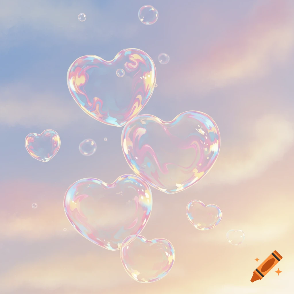 Iridescent heart-shaped soap bubbles float gracefully across a soft pastel blue and pink sky.
