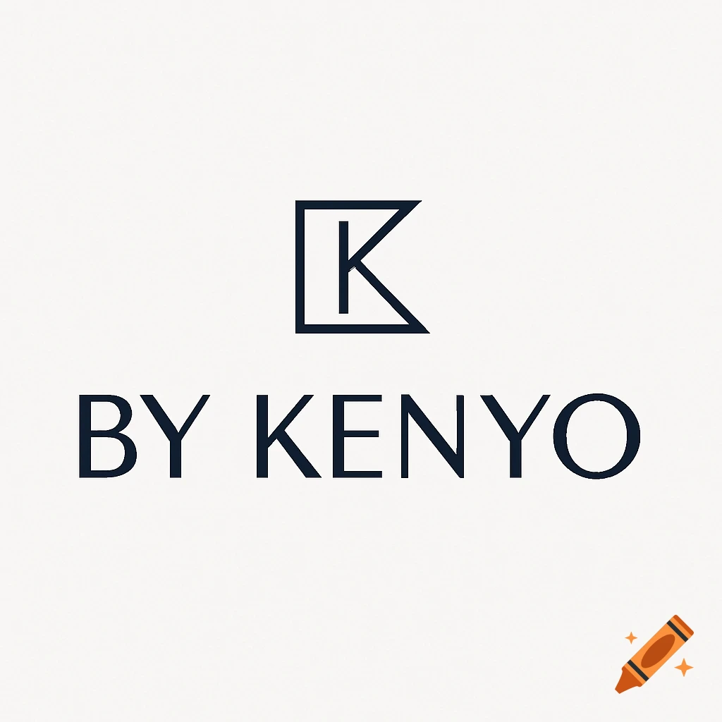 A minimalist logo featuring a stylized letter K symbol above the text 'BY KENYO' in dark blue on a light background.