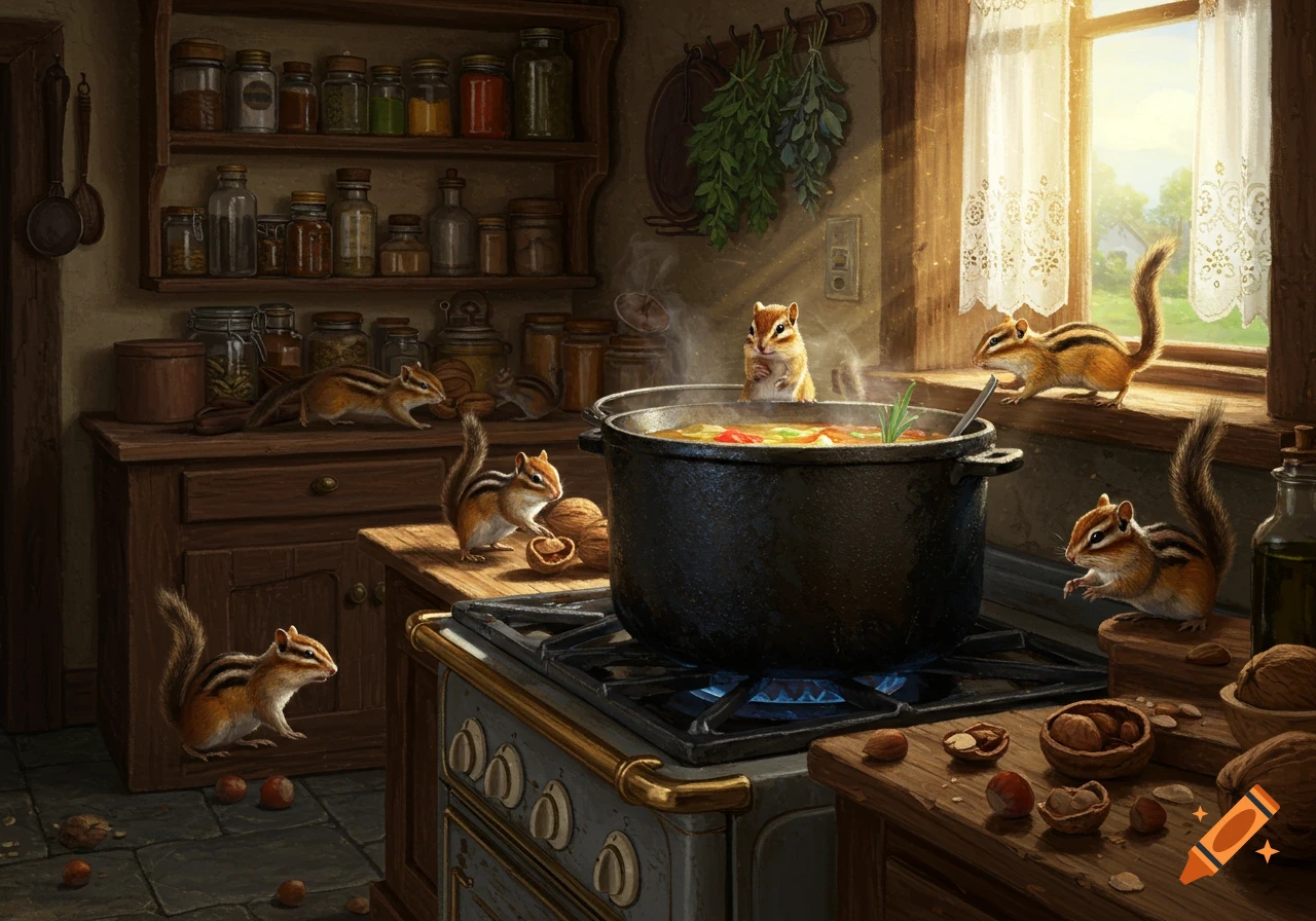 Several chipmunks busy in a rustic kitchen, cooking over a stove with nuts scattered around, warm light from a window.