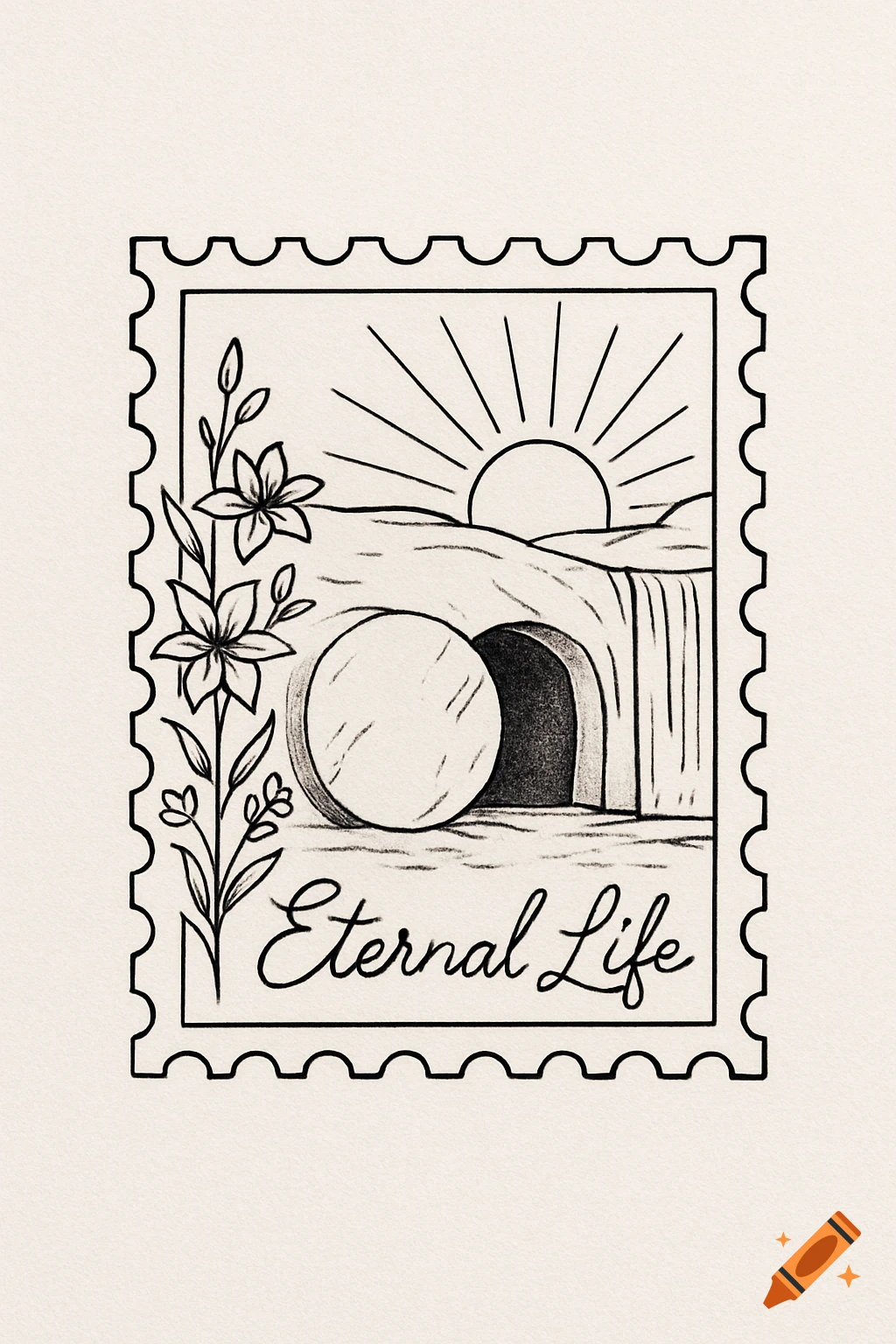 A black and white line art postage stamp featuring an empty tomb, a rising sun, a waterfall, flowers, and 'Eternal Life' text.