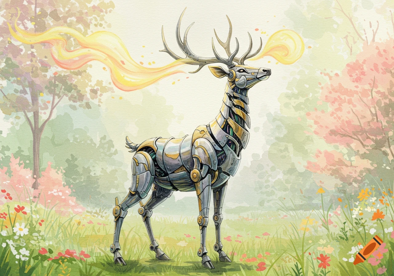 Watercolor painting of a detailed robotic deer with antlers and gold accents, standing in a vibrant spring forest with glowing yellow energy around its head.