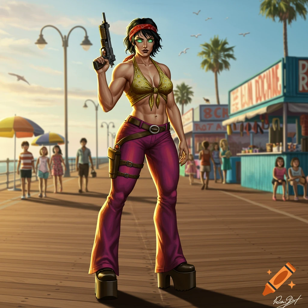 Muscular woman in 1970s fashion with glowing green eyes, holding a futuristic pistol on a sunny boardwalk with palm trees.