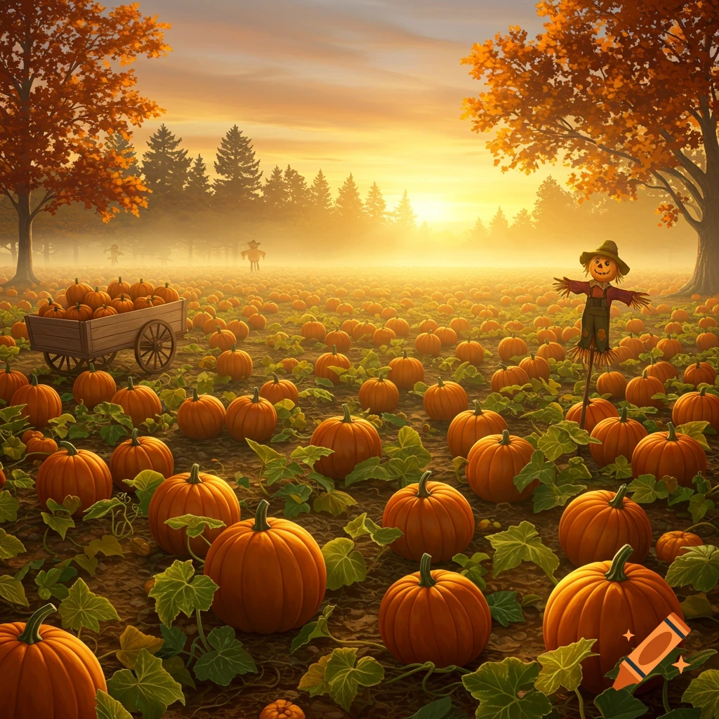 A vibrant pumpkin patch at sunset with a scarecrow, a wooden cart full of pumpkins, and autumn trees under a hazy orange sky.