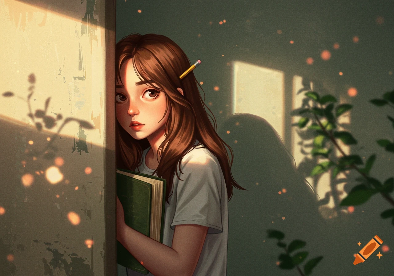 A shy, long-haired cartoon girl with a pencil in her hair, holding a book and peeking from behind a corner.