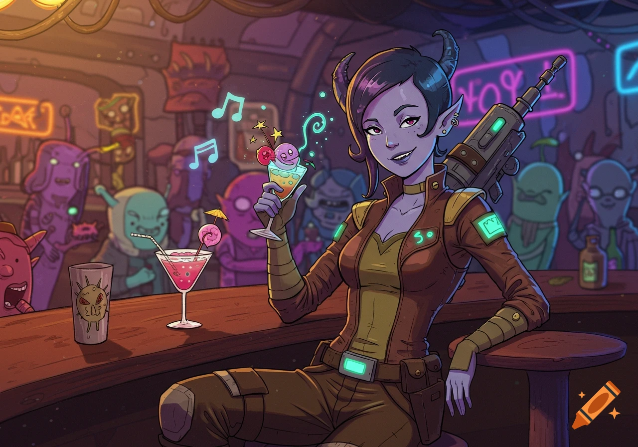 A purple-skinned female alien with small horns, wearing a sci-fi jacket and carrying a rifle, sips a cocktail at a vibrant, busy space cantina in a cartoon style.