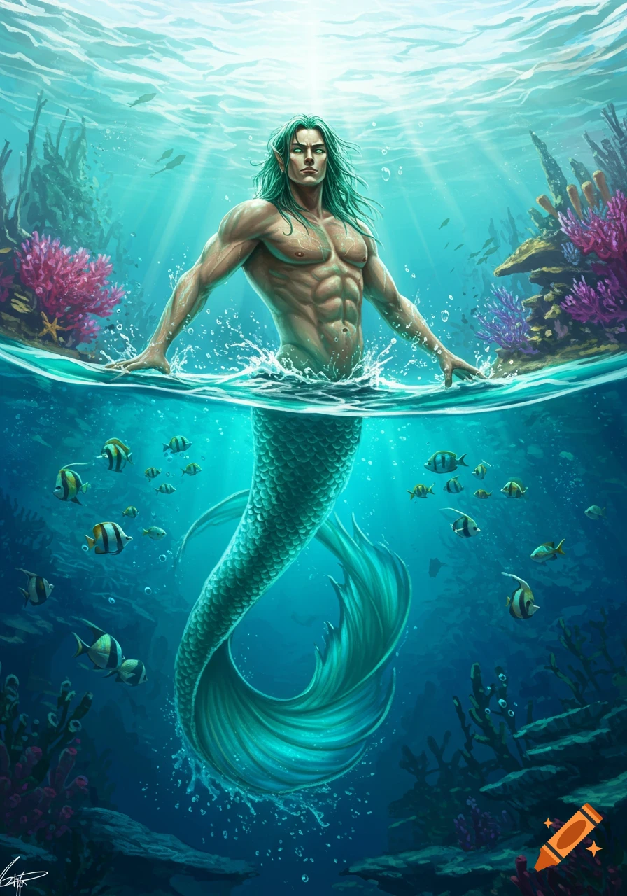 A muscular merman with green hair emerges from the vibrant blue ocean, surrounded by coral and tropical fish, in a digital painting.