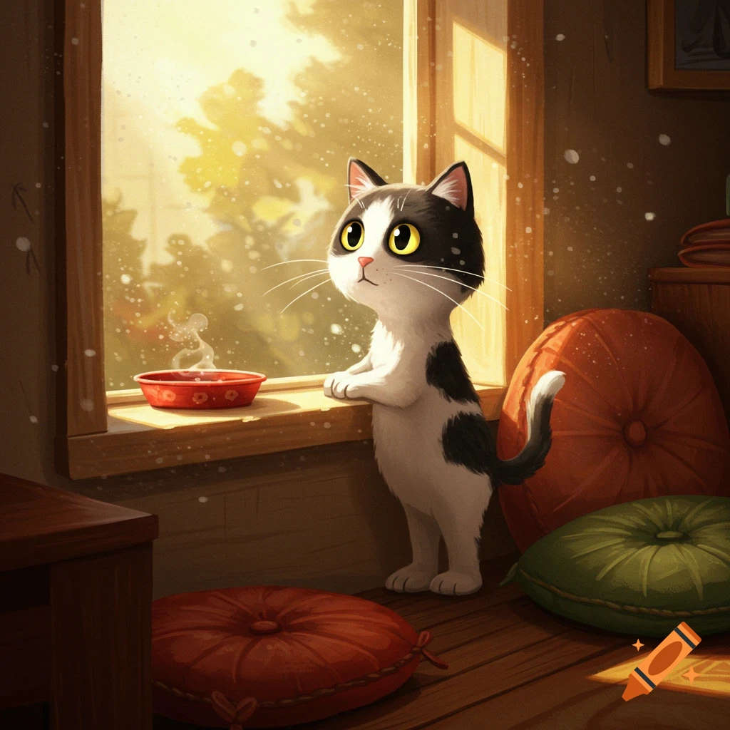 Cartoon black and white cat standing on hind legs, looking out a sunlit window with falling specks.