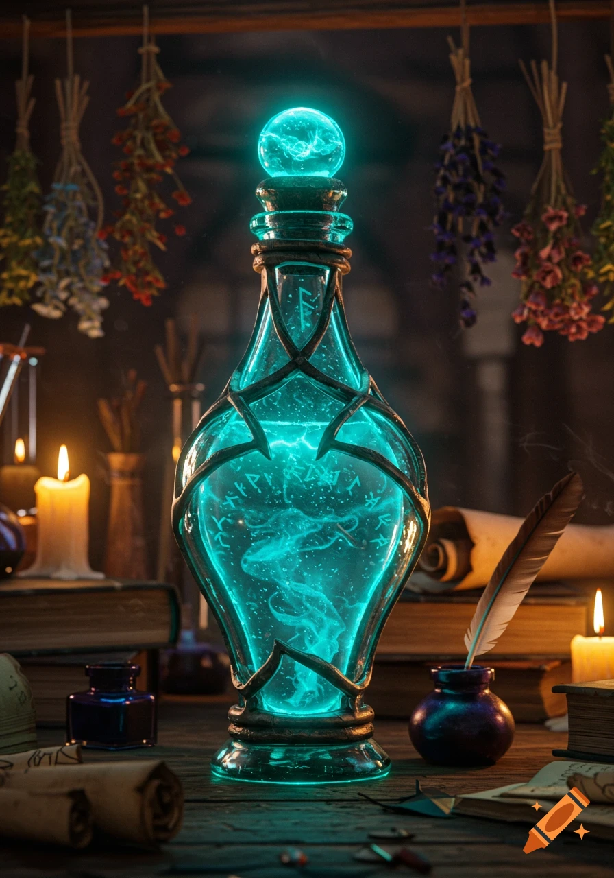 A glowing teal alchemy bottle with an ornate cage and internal energy sits on a wooden table amidst candles, scrolls, and dried herbs.