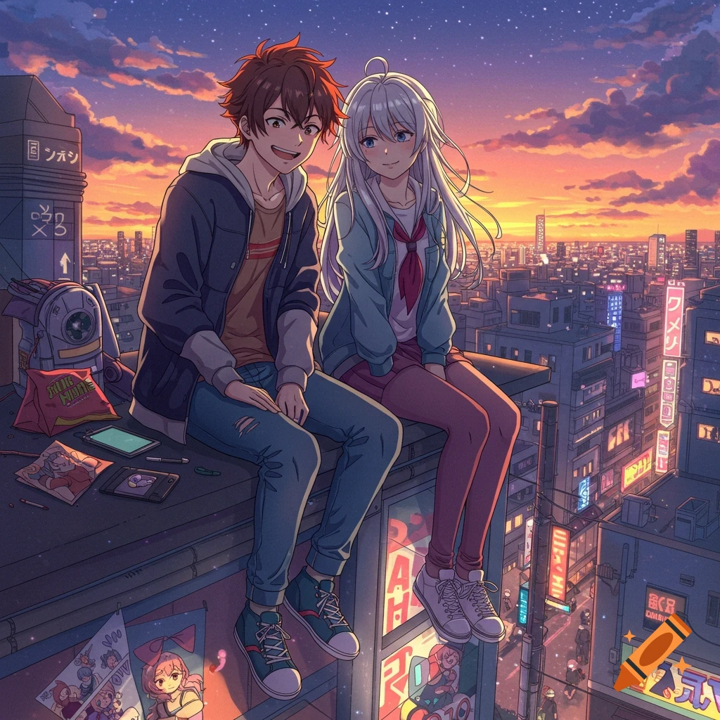 Two anime friends sit on a city rooftop at sunset, overlooking a vibrant urban skyline with neon lights.