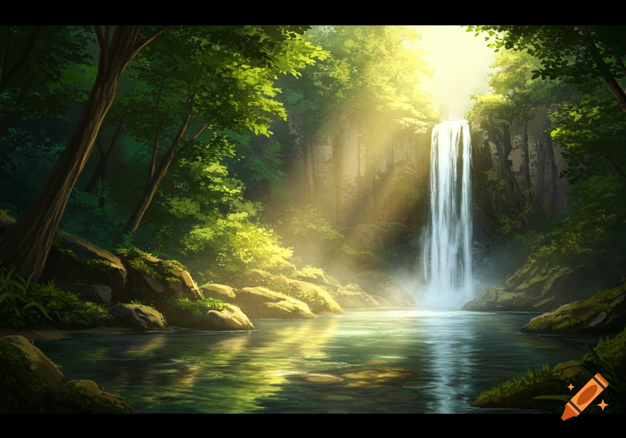 A majestic waterfall flows into a serene pool in a sun-dappled, lush green forest.