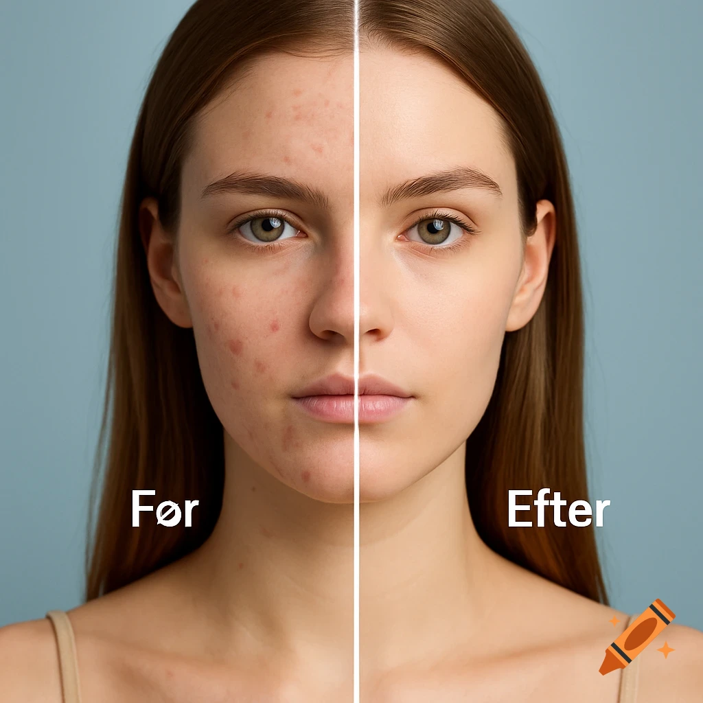 A young woman's face split vertically, showing acne-prone skin on the left with 'F r' and clear skin on the right with 'Efter'.