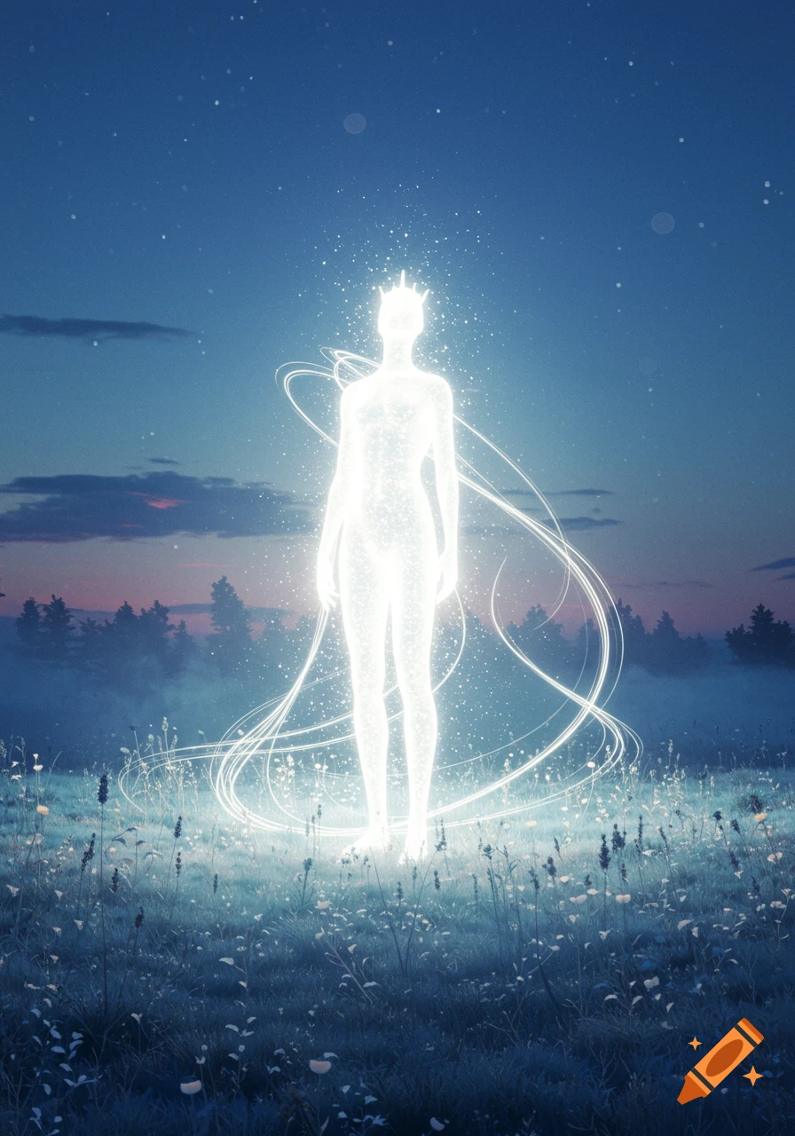 Luminous, ethereal figure with a crown of light standing in a glowing field under a starry night sky, surrounded by light trails.