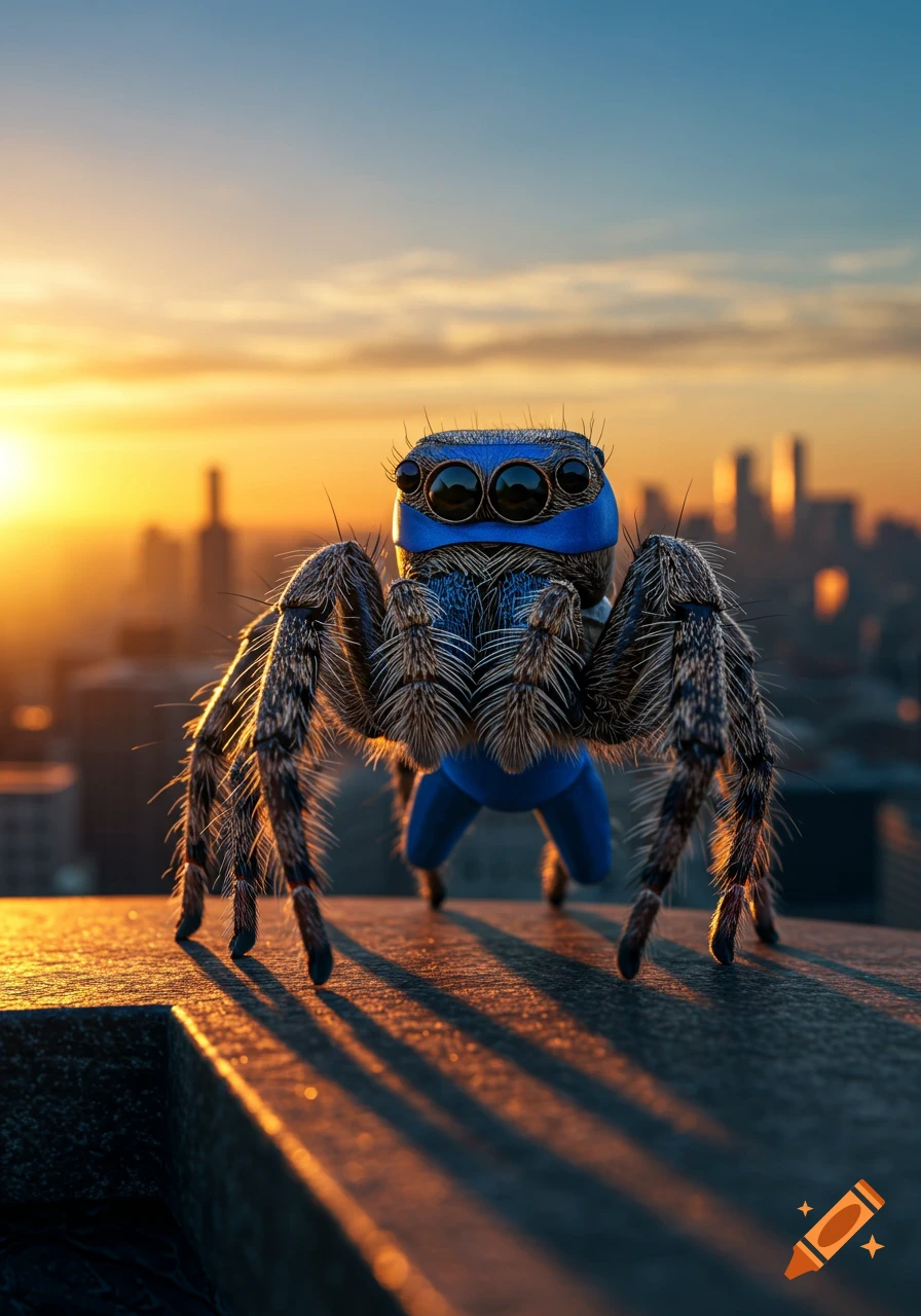 A photorealistic jumping spider in a blue superhero mask and costume on a city rooftop at sunset.