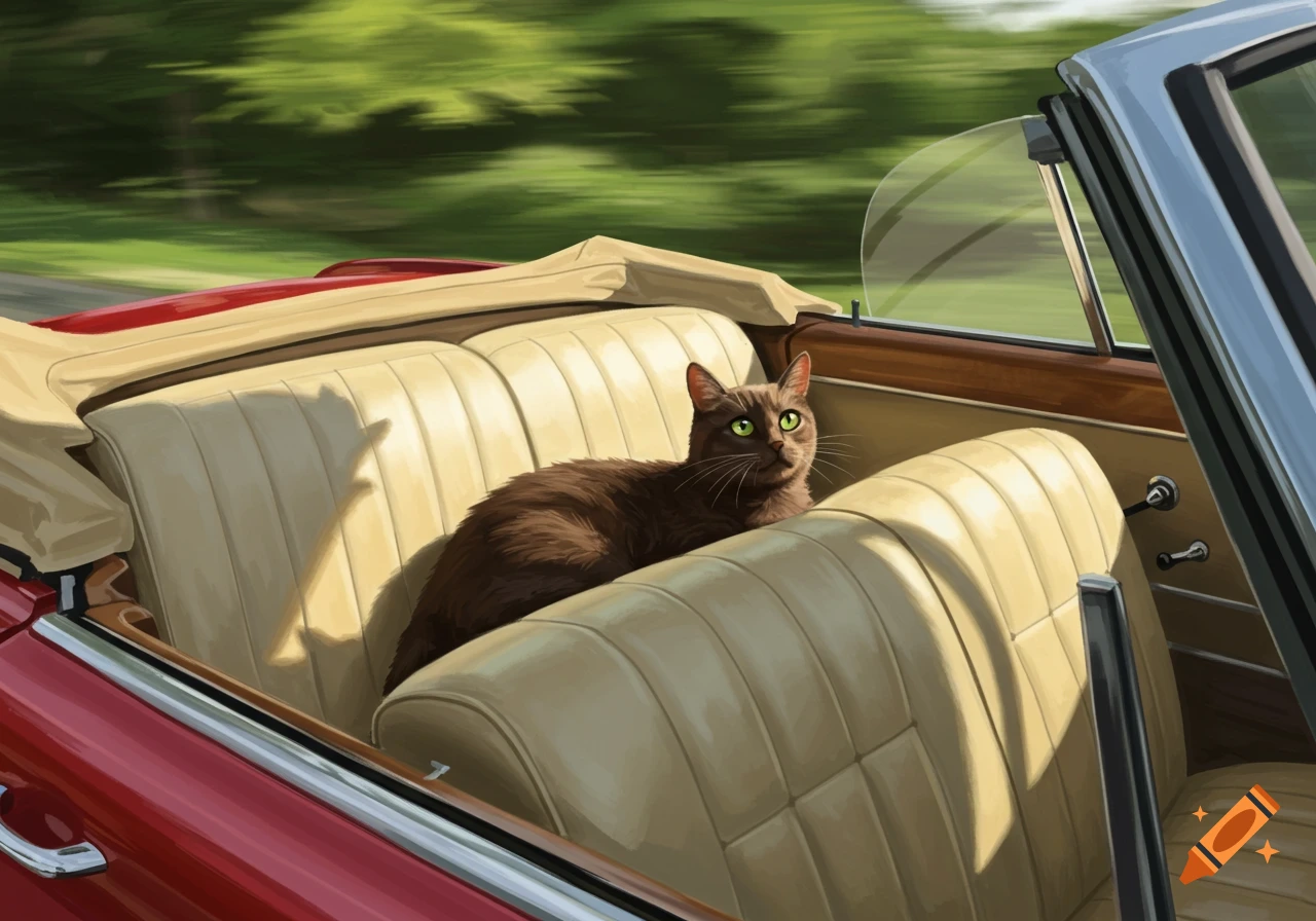 A brown cat with bright green eyes sits in the cream-colored back seat of a red convertible car, depicted in an illustrative style.