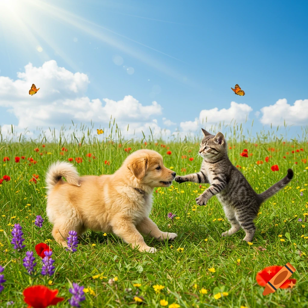 A golden retriever puppy and a tabby kitten play in a sunny field filled with green grass, red and purple wildflowers, and butterflies.