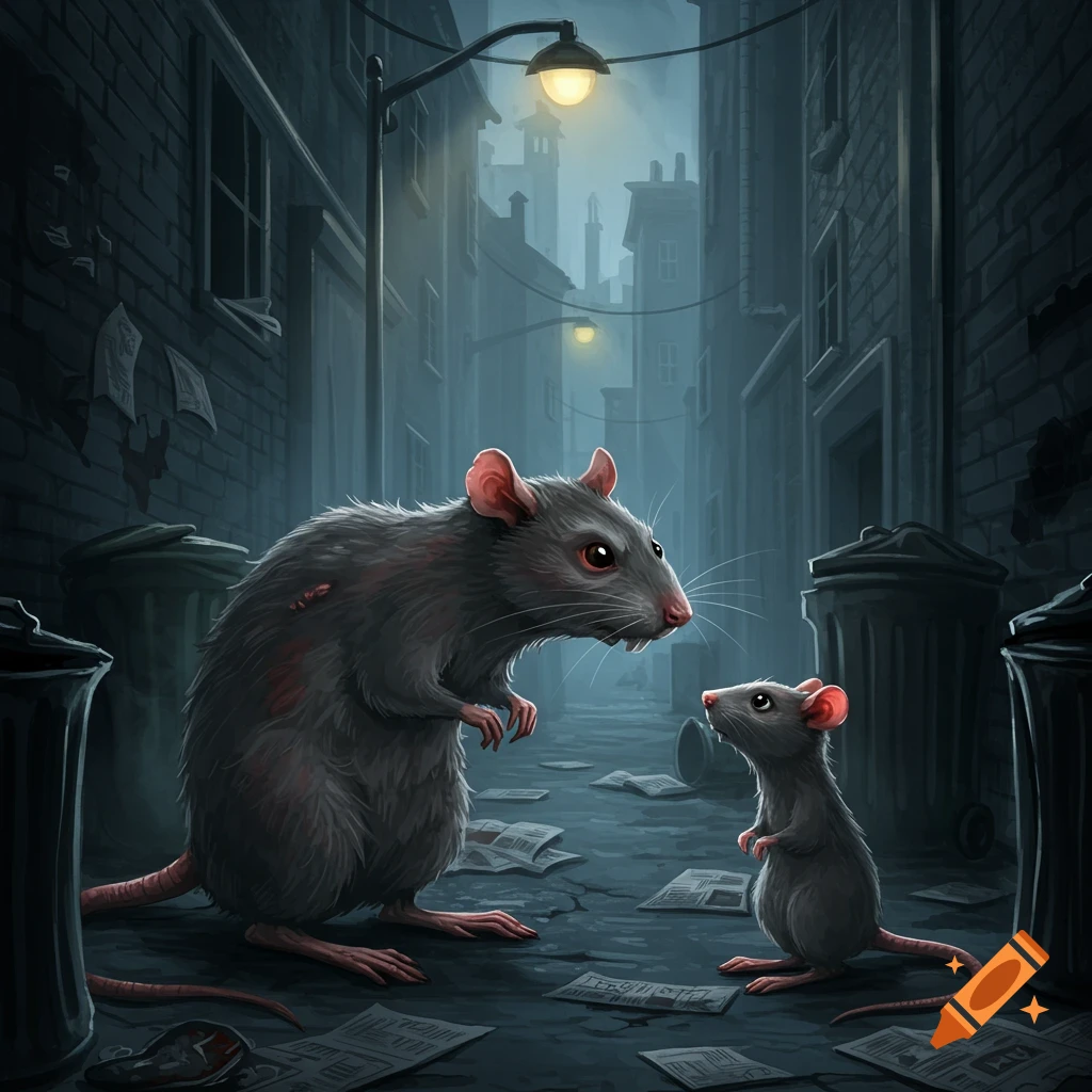 A large, scarred rat and a small, scared rat face each other in a dark, stylized urban alley at night.