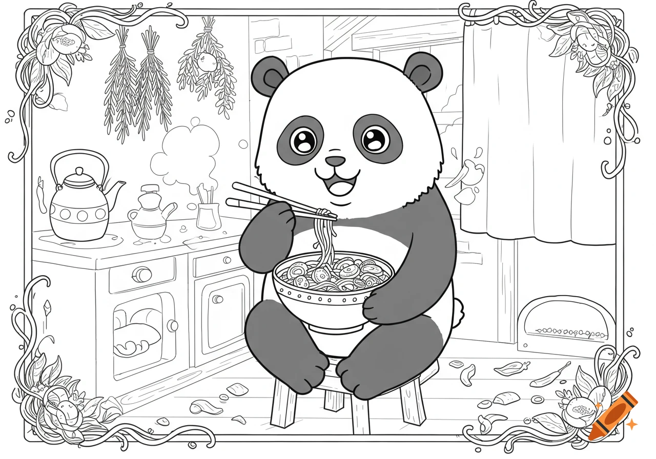 A cute panda sitting on a stool eating noodles with chopsticks in a kitchen, a black and white coloring book page.