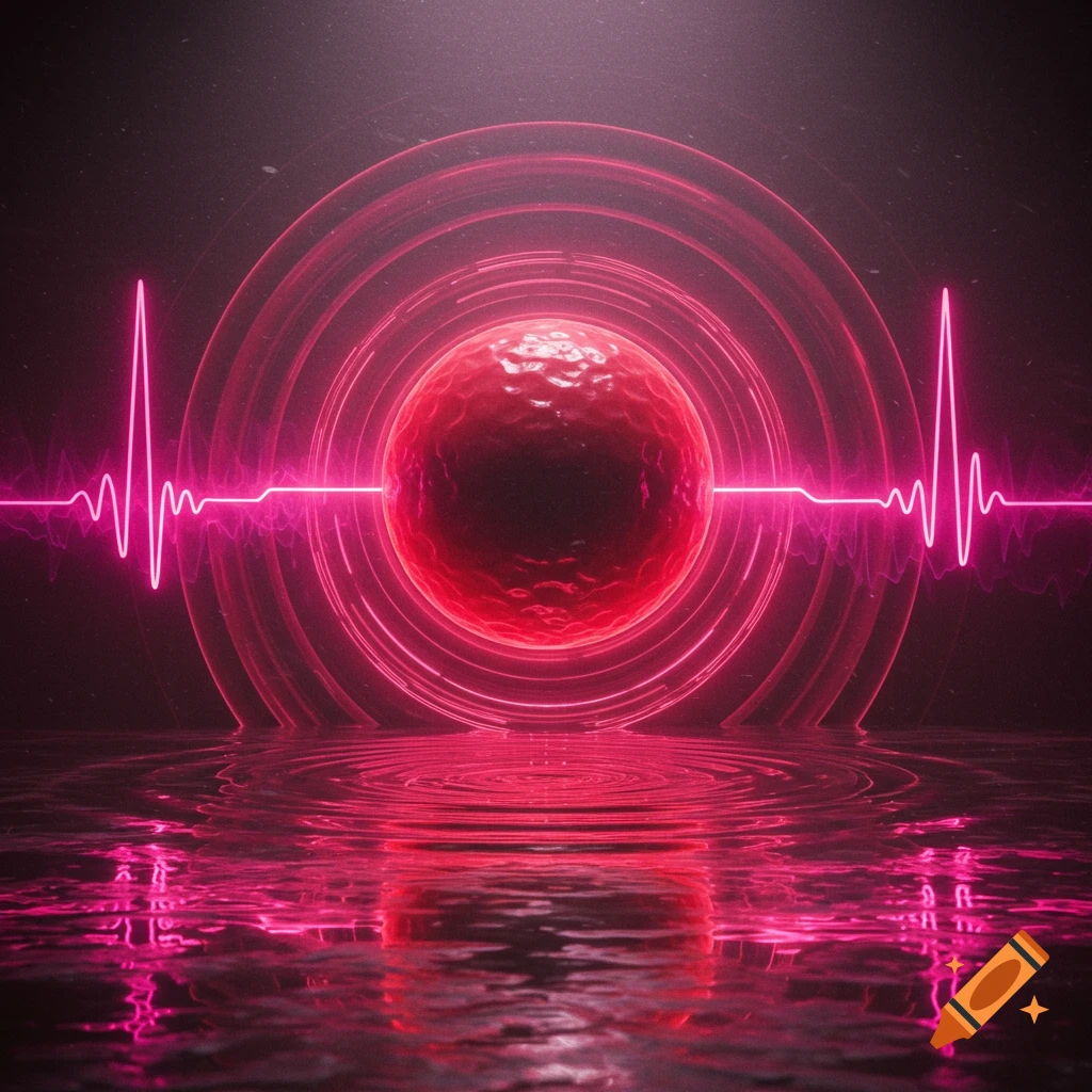 A vibrant red glowing sphere surrounded by concentric pink neon rings and a heartbeat line, reflected in rippling dark water.