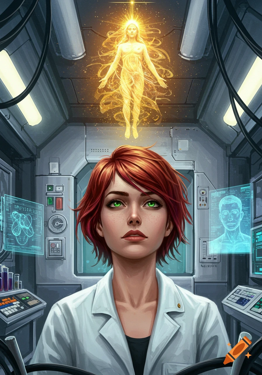 Red-haired woman in a lab coat in a futuristic lab looks up at a glowing, ethereal figure hovering above her.