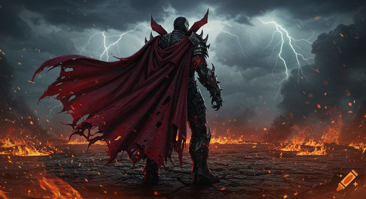 A dark armored anti-hero, King Spawn, stands with a torn red cape on a fiery, cracked ground under a lightning storm.