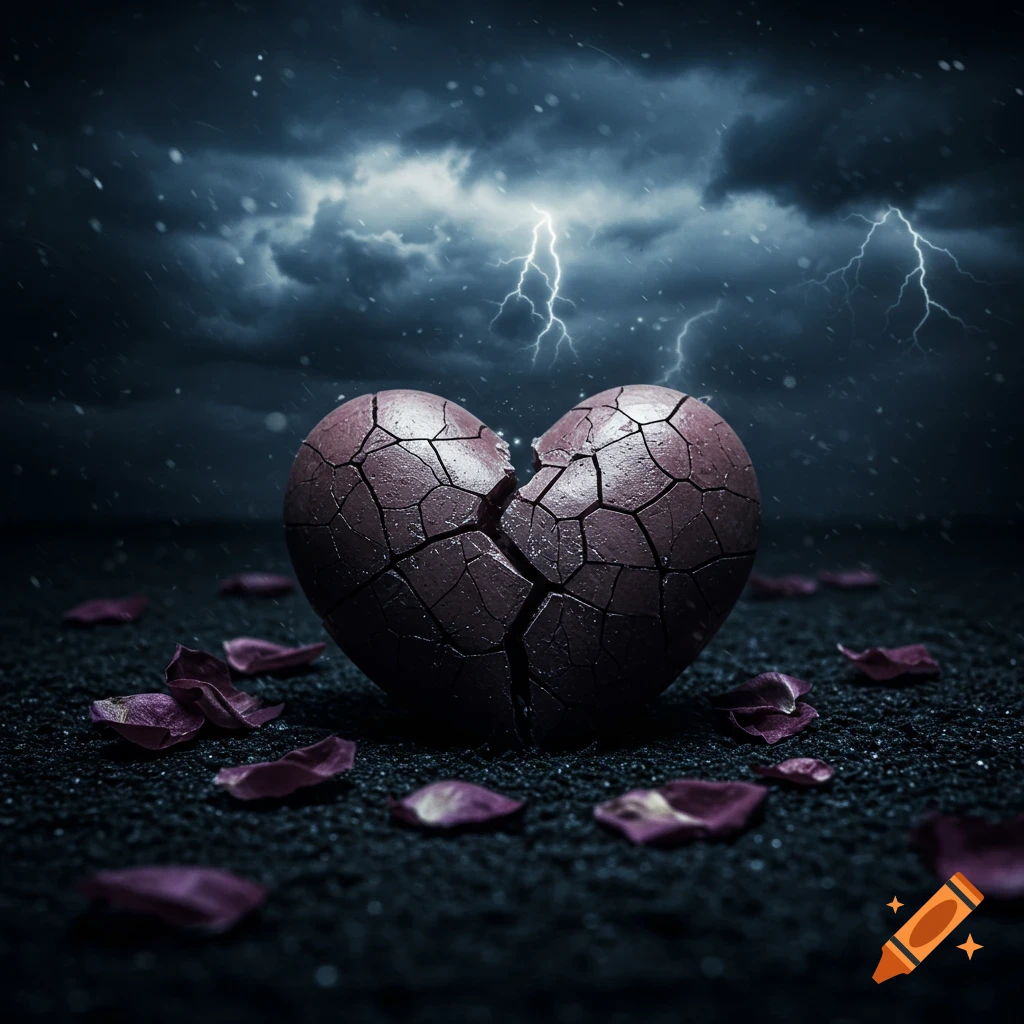 A broken, cracked heart on dark ground with scattered rose petals, under a stormy, lightning-filled sky.