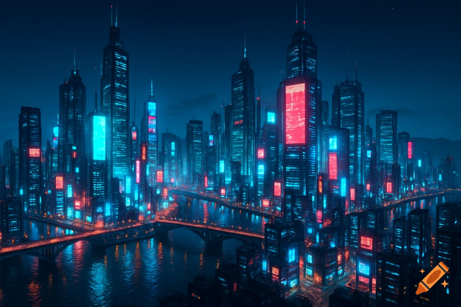 A futuristic mega-city skyline at night, with towering glass skyscrapers adorned with red and cyan neon lights. Illuminated bridges span a wide river, reflecting the vibrant city.
