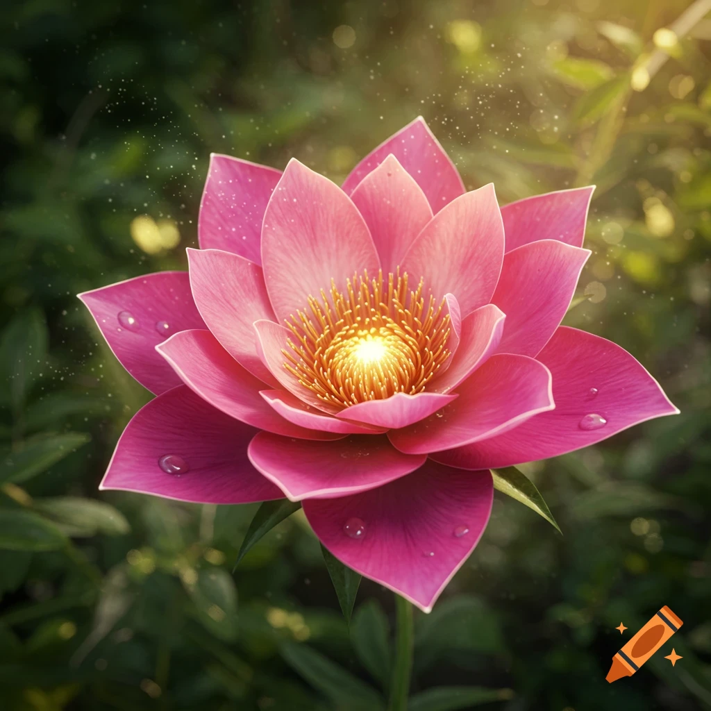 A vibrant pink lotus flower with a glowing golden center and water droplets on its petals, set against a blurred green background.