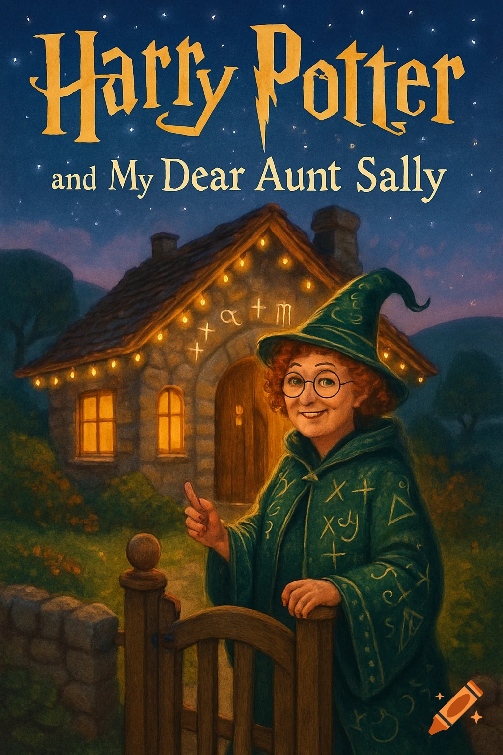 A whimsical book cover showing an older witch with glasses and red hair, wearing a green cloak, standing in front of a cozy stone cottage under a starry sky. The title reads 'Harry Potter and My Dear Aunt Sally'.