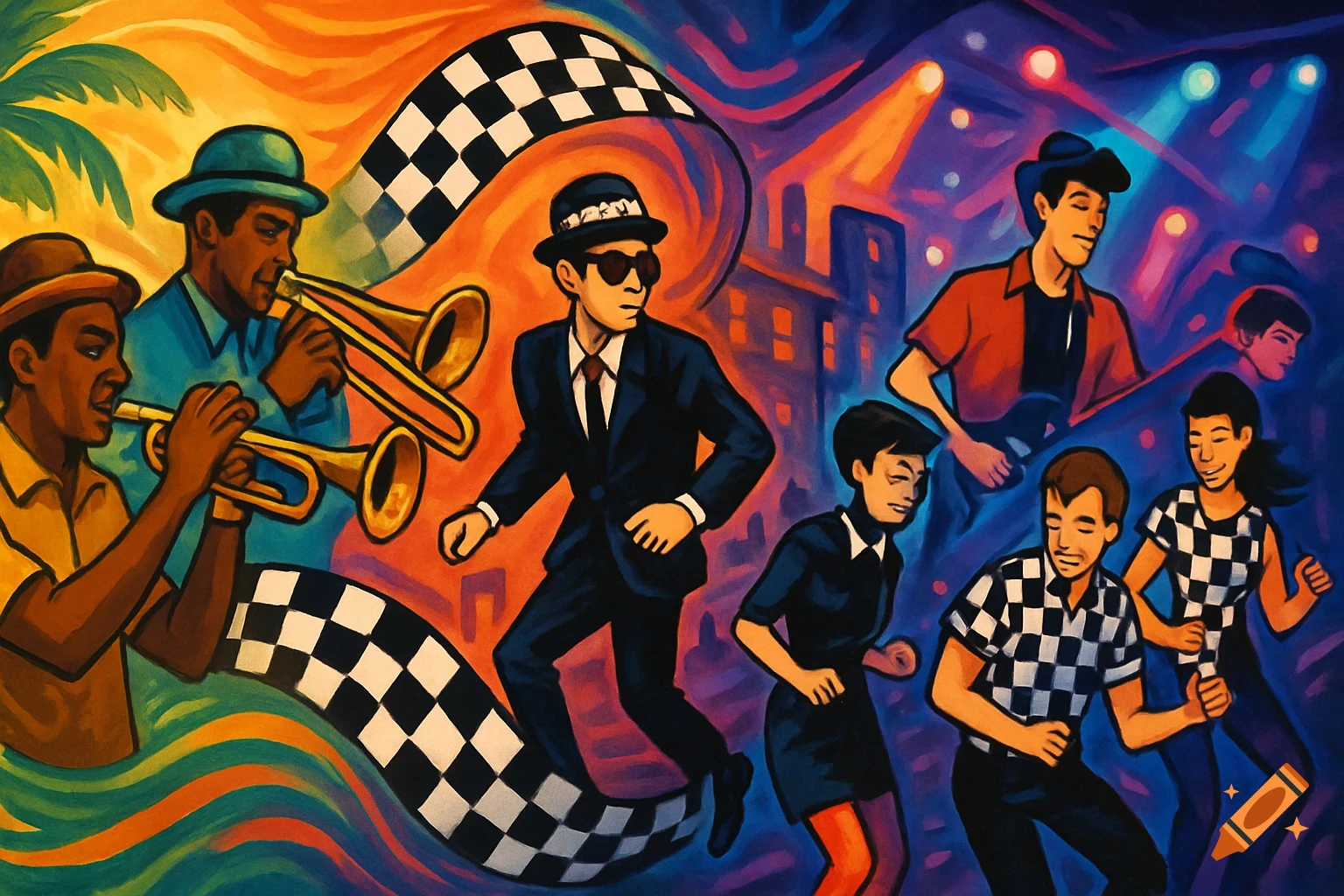 Vibrant illustration of ska music culture with brass musicians, dancers, and checkered patterns in a dynamic, colorful street scene.