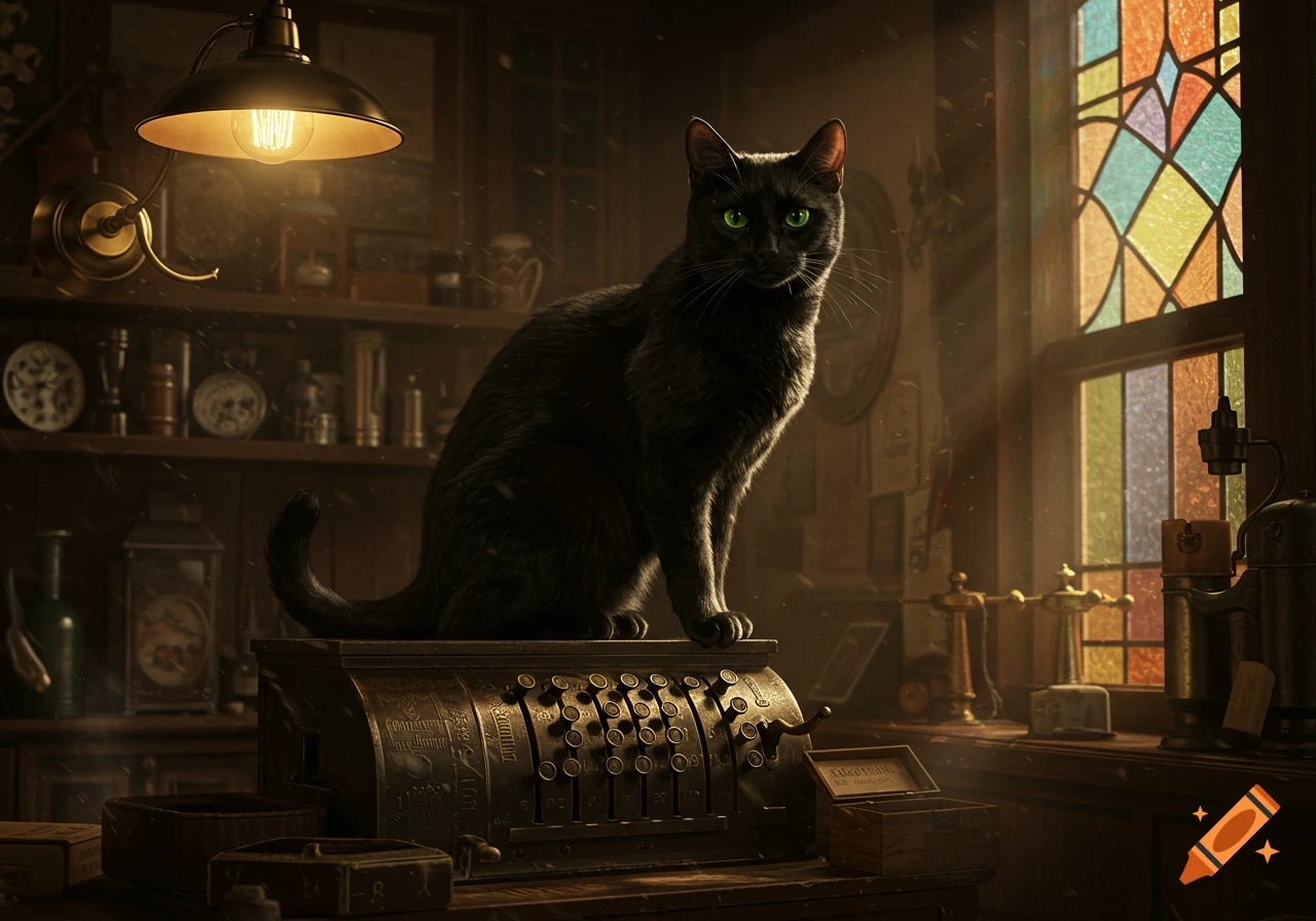 A black cat with luminous green eyes sits regally atop an old cash register in a dimly lit, richly detailed room with a stained glass window. Photorealistic style.