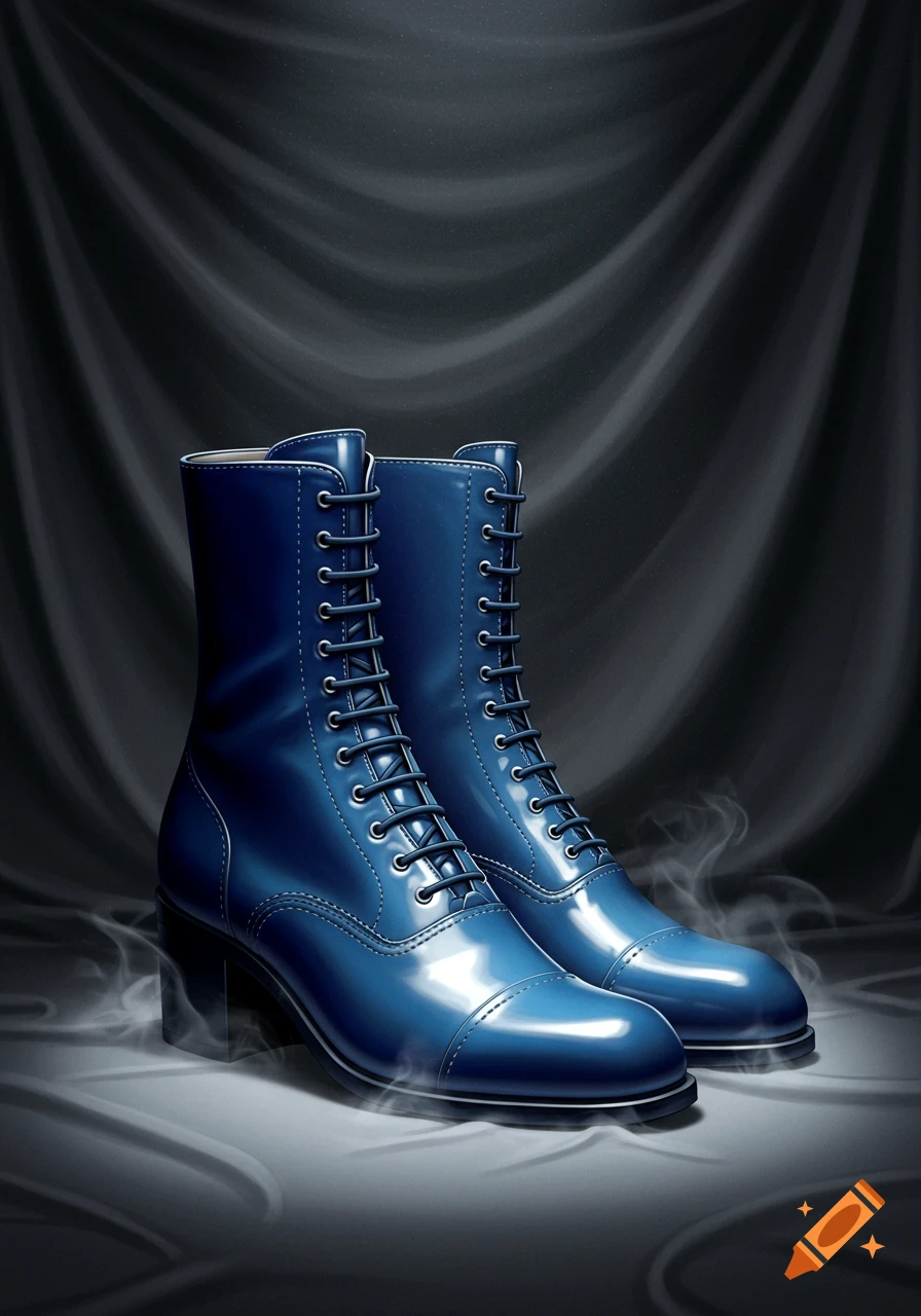 A pair of shiny blue lace-up boots with heels stands on a dark, textured surface against a dark draped background.