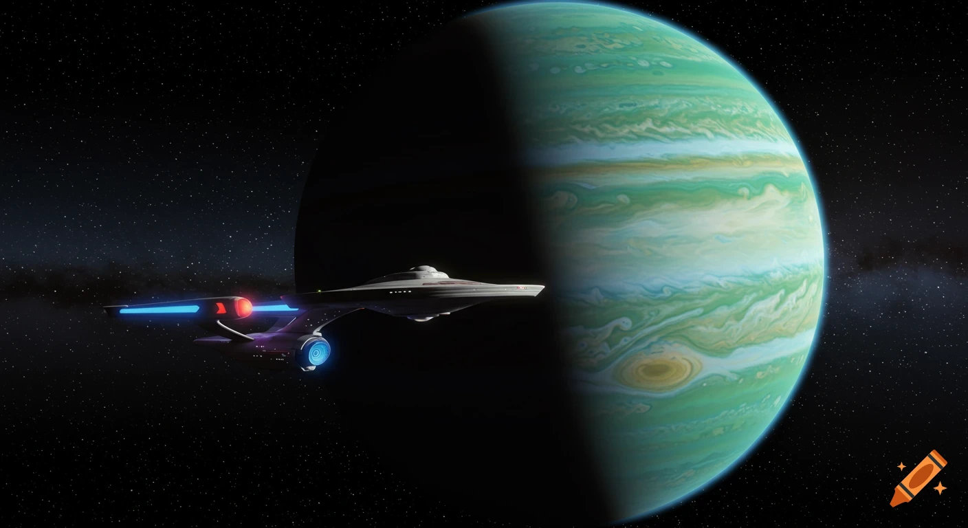 A Star Trek-inspired starship orbits a large, green and blue gas giant in deep space.