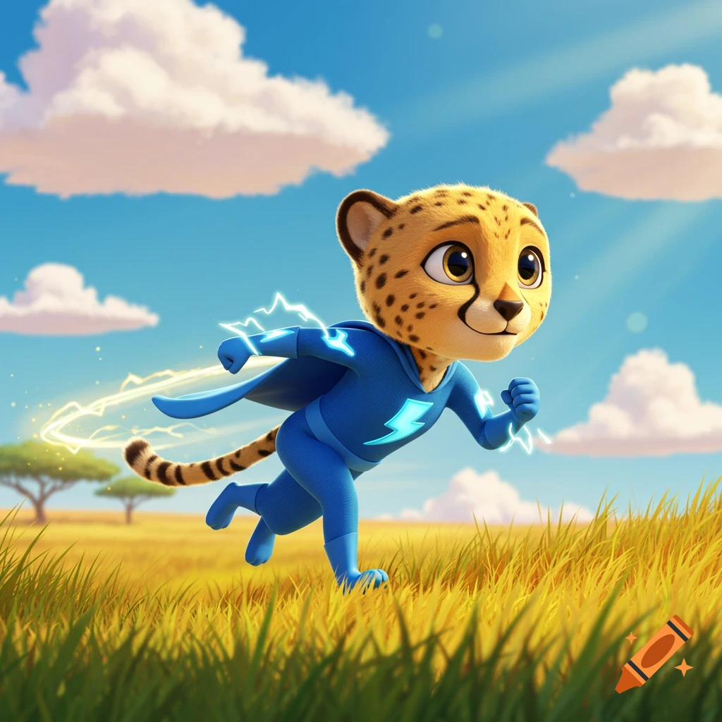 A cute Disney Pixar style cheetah superhero in a blue suit and cape runs through a grassy savanna, surrounded by lightning.