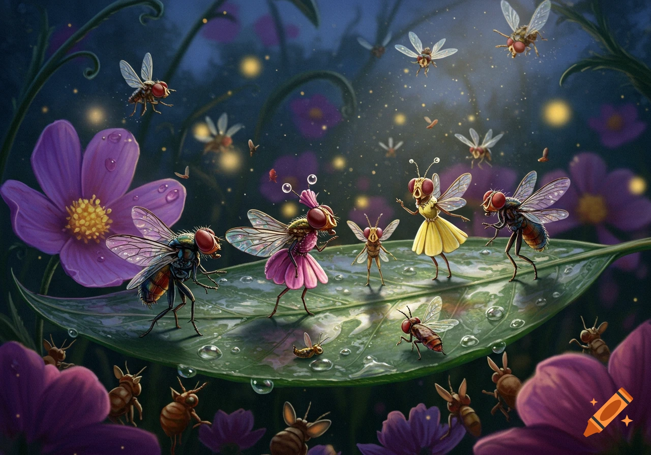 Anthropomorphic flies in dresses model on a dewy leaf amidst purple flowers and glowing fireflies in a magical forest.