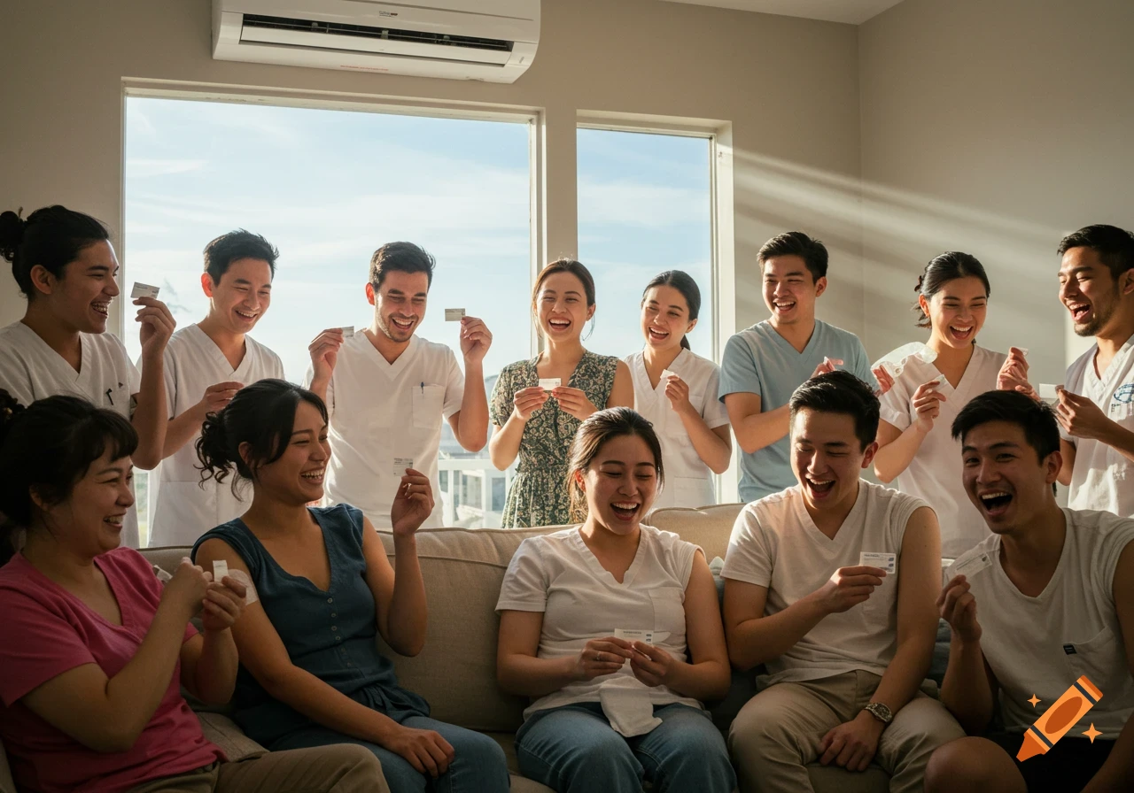 A diverse group of happy young adults, some in medical scrubs, hold up vaccination cards while laughing in a well-lit room.