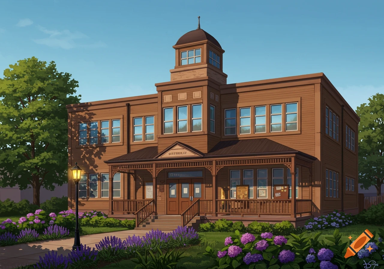 An illustration of a two-story brown schoolhouse with an antique front porch, surrounded by green grass and vibrant purple flowers.