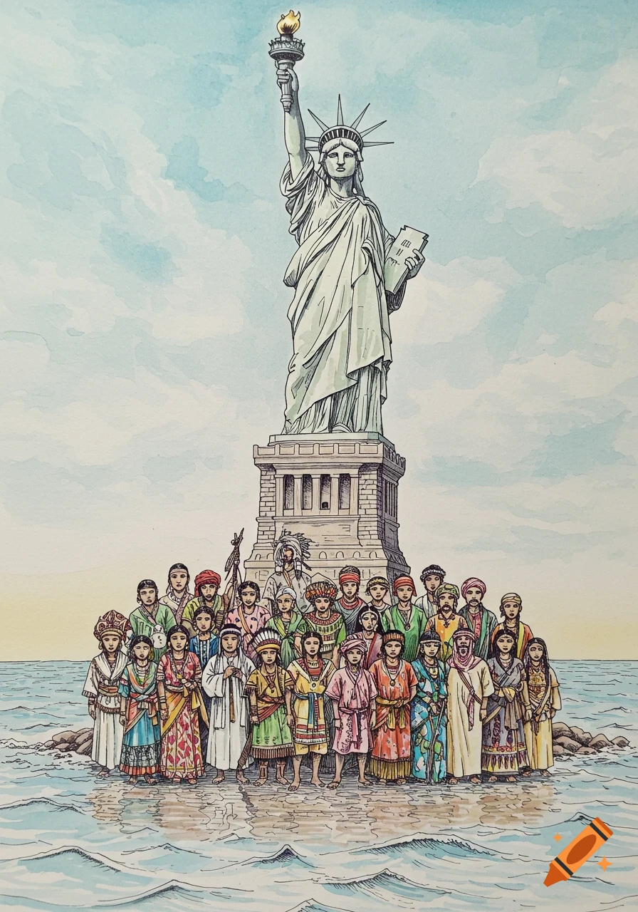 A pen and wash drawing of the Statue of Liberty towering over a diverse group of people in traditional attire standing on a rocky shore in the sea.