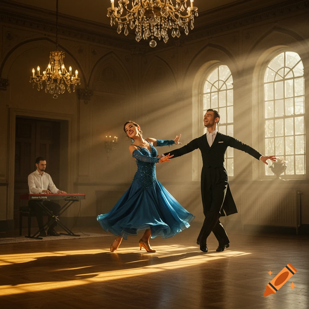 A photorealistic image of a dancing couple in a grand ballroom, illuminated by sunbeams, while a musician plays a keyboard.