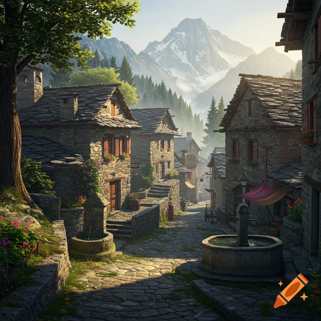 Photorealistic image of a charming stone village street nestled in a mountain valley, with snow-capped peaks in the background.