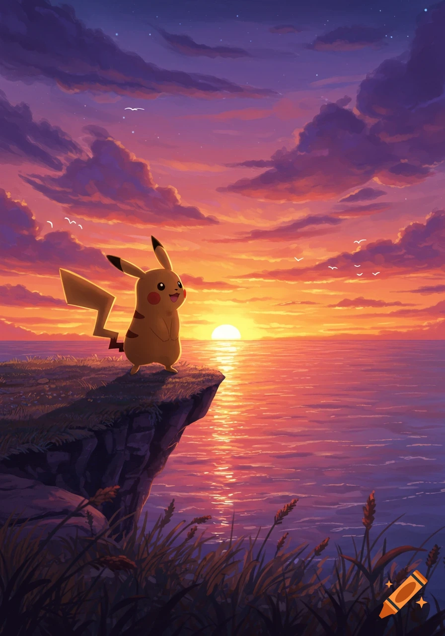 Pikachu stands on a grassy cliff overlooking a vast ocean at a vibrant purple and orange sunset, stylized anime art.
