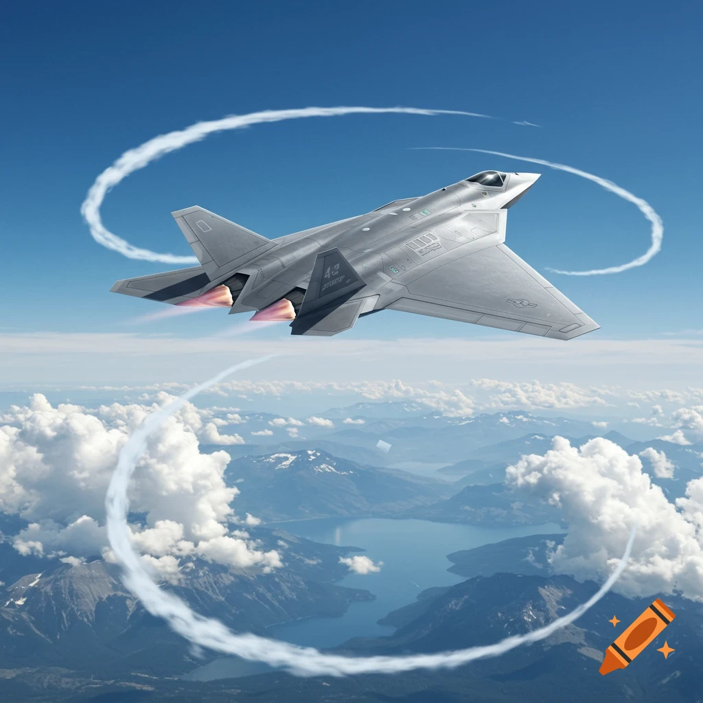 Photorealistic grey futuristic fighter jet flying high above a mountainous lake landscape with white contrails.