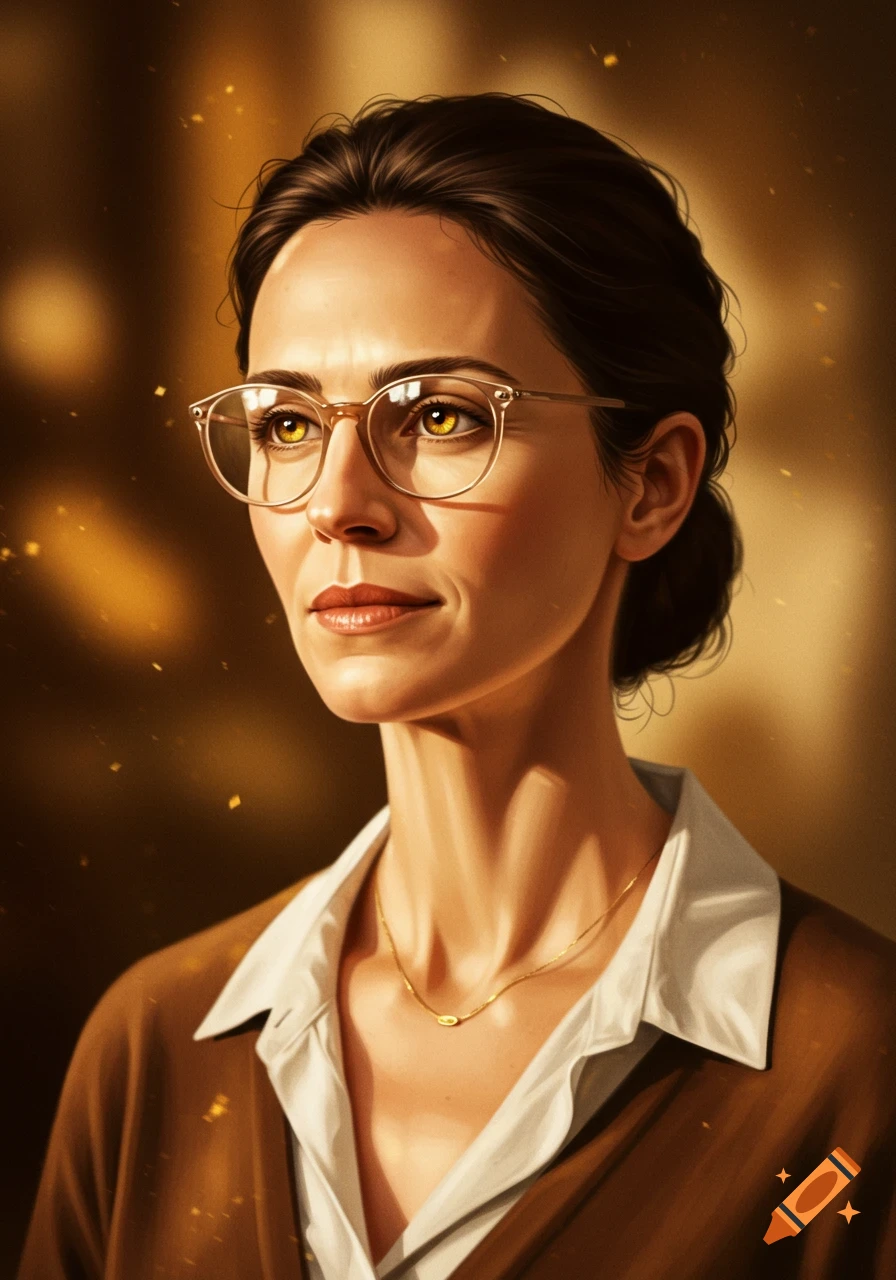 Portrait of a woman with dark hair in a bun, glasses, bright yellow eyes, a white shirt, and a brown cardigan, against a warm golden background.