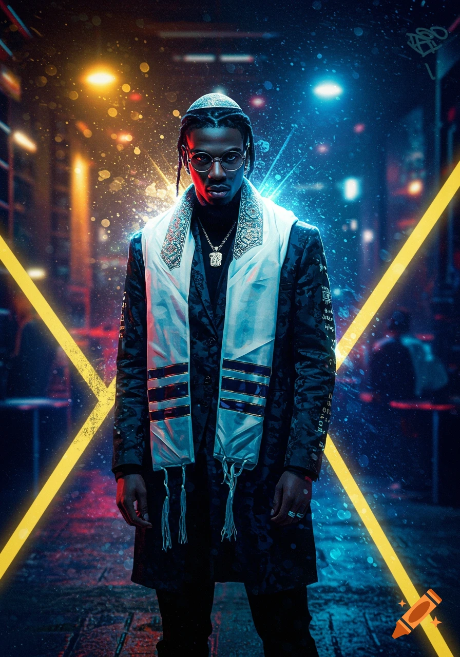 Stylish man in kippah and tallit stands in neon-lit urban setting, stylized portrait.