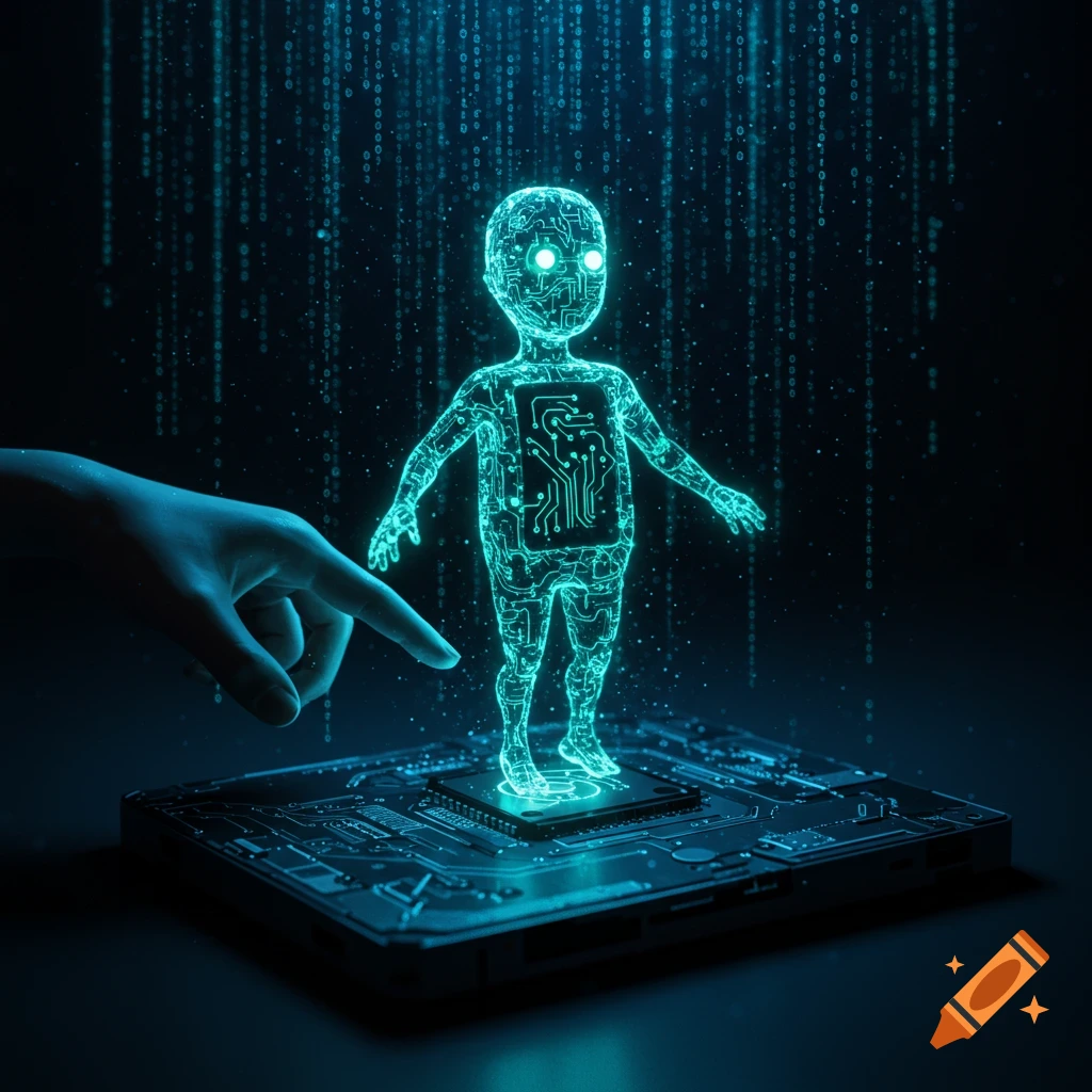 A glowing, circuit-board-like digital child stands on a computer chip as a human hand points to it amidst falling binary code.