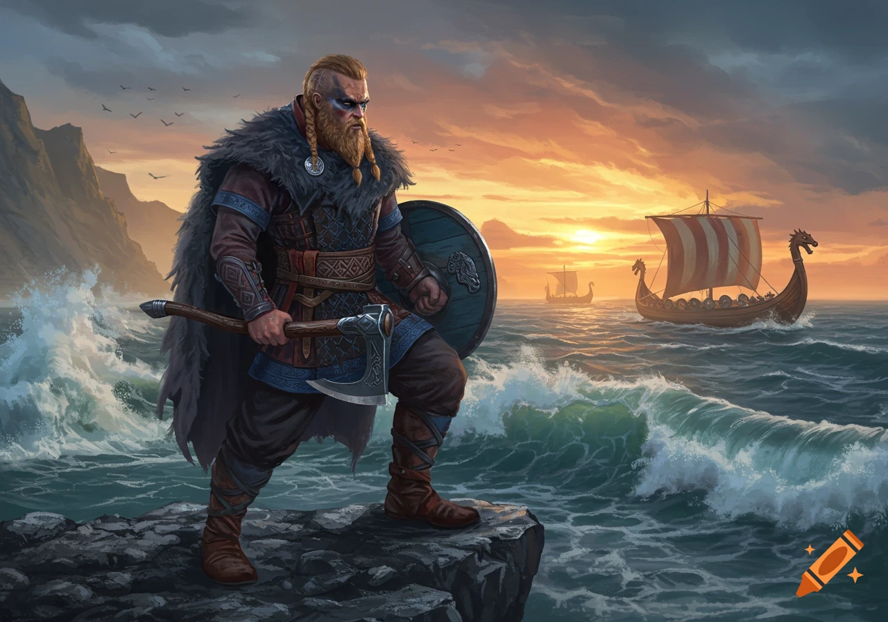 A fierce Viking warrior with an axe and shield stands on a rocky cliff overlooking a stormy sea with longships at sunset. Illustrated.