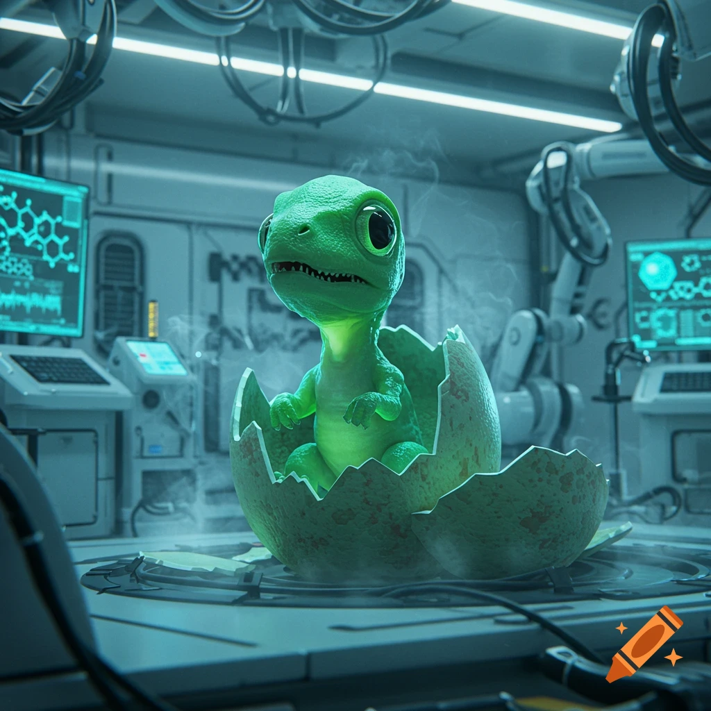 A cute green baby dinosaur with big eyes hatches from a cracked egg in a glowing, high-tech science lab.